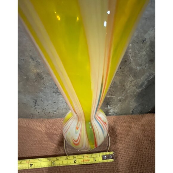 VTG Hand Blown Swirled Art Glass Vase Yellow Orange Red & White 7" Murano Style - Picture 7 of 9